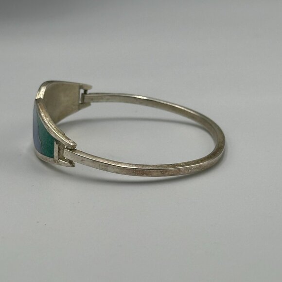 Vintage Alpaca Silver Bracelet Blue Green Inlay Geometric Hinged Cuff 7 Inch - Picture 8 of 15